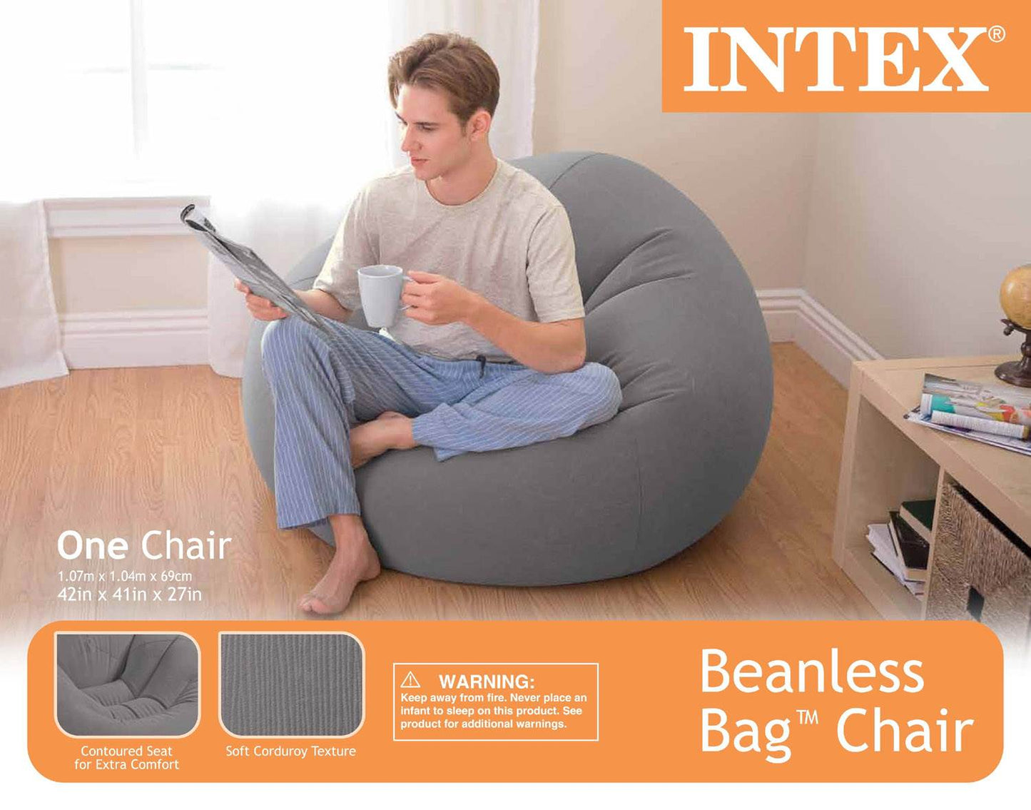 Intex 120V AC Electric Air Pump & Inflatable Corduroy Beanless Bag Lounge Chair