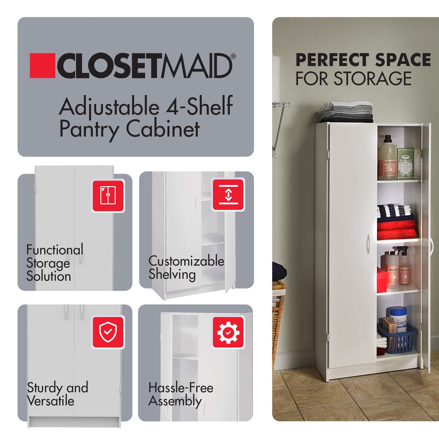 ClosetMaid 896700 12.5 x 24 x 59.5 Inch Adjustable 4 Shelf Pantry Cabinet, White