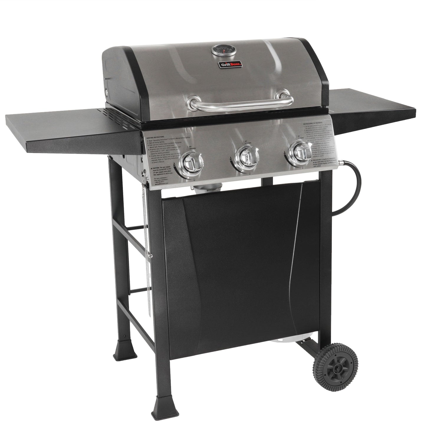 Grill Boss GBC1932M 3 Burner Gas Grill with Top Cover and Side Shelves, Black