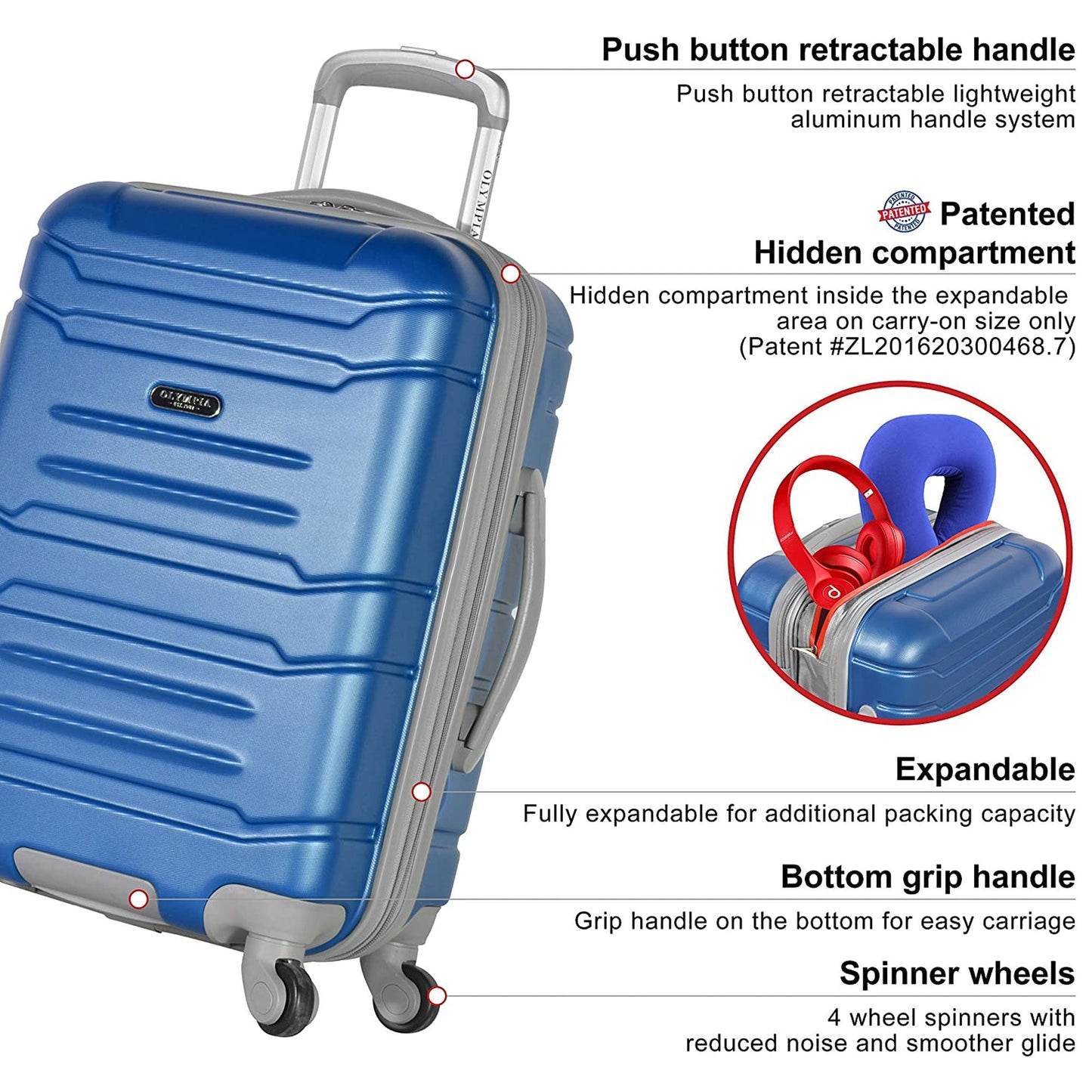 Olympia Denmark 21" Expandable Carry On 4 Wheel Spinner Luggage Suitcase, Navy