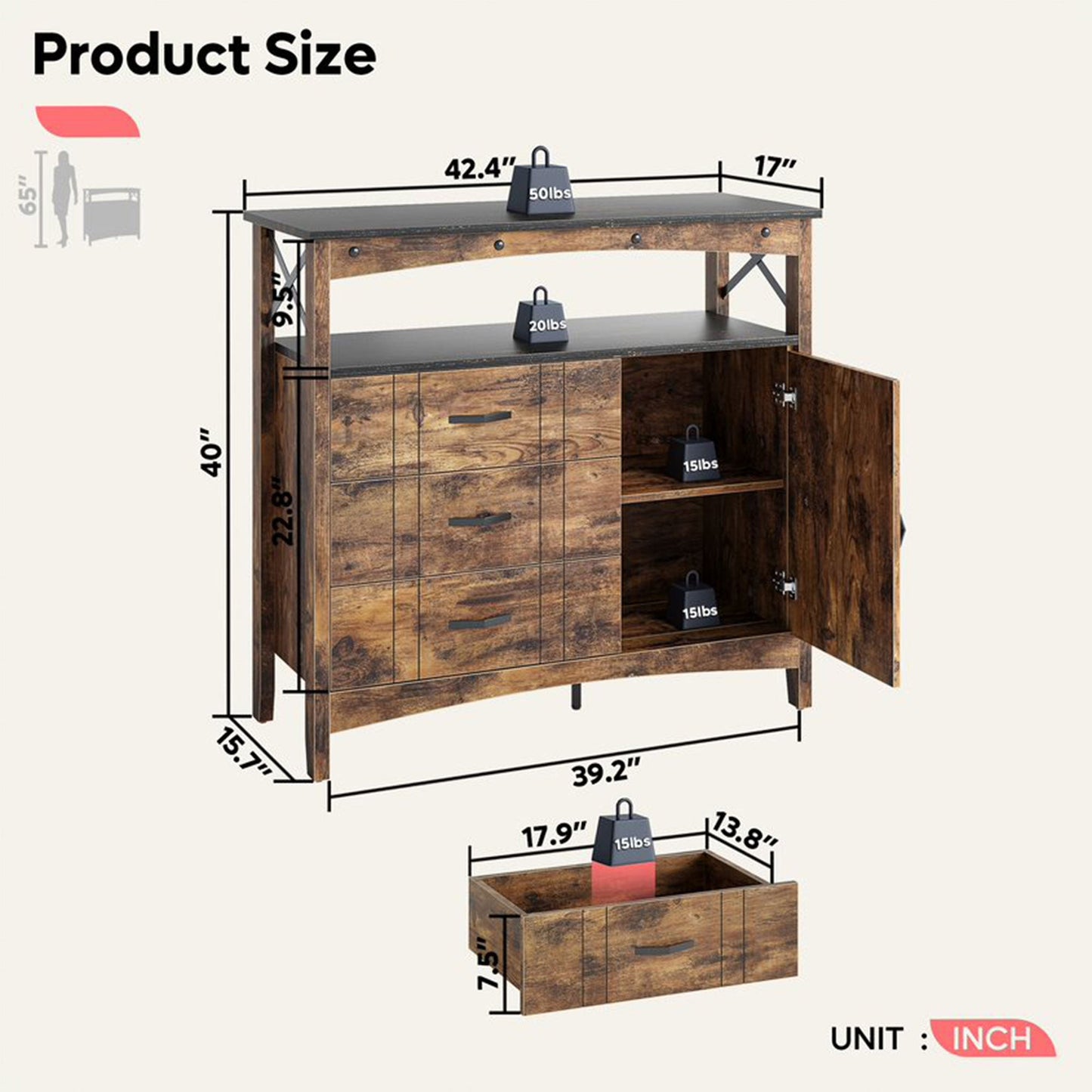 Bestier Buffet Hallway & Living Room Storage Cabinet w/ 3 Drawers, Rustic Brown