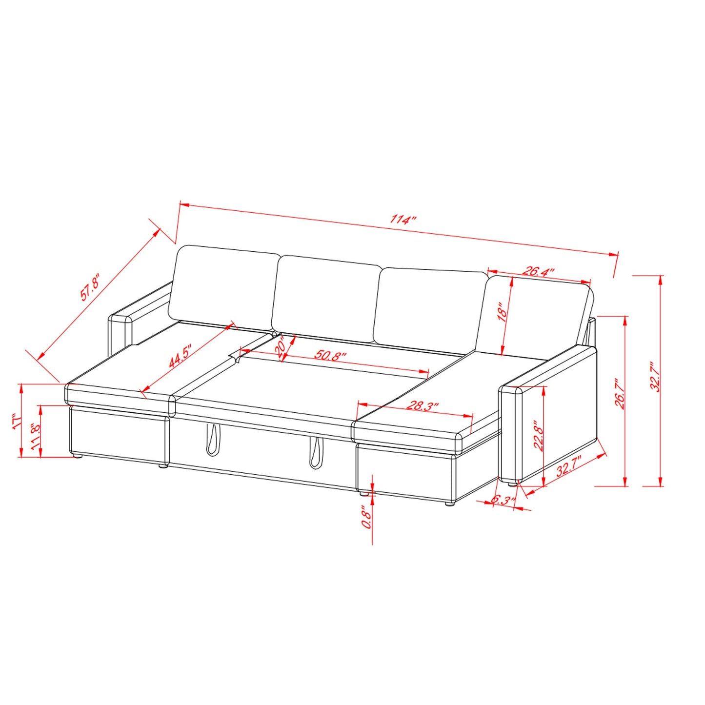 114"Convertible Pull Out Sofa Bed with Storage Chaise Sofa Bed Corduroy Velvet Upholstery Dark Grey