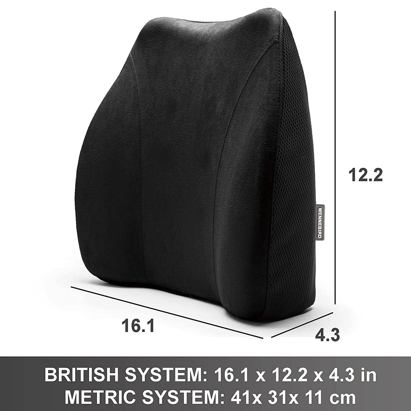 WENNEBIRD Model Q Lumbar Memory Foam Support Pillow to Improve Posture, Black