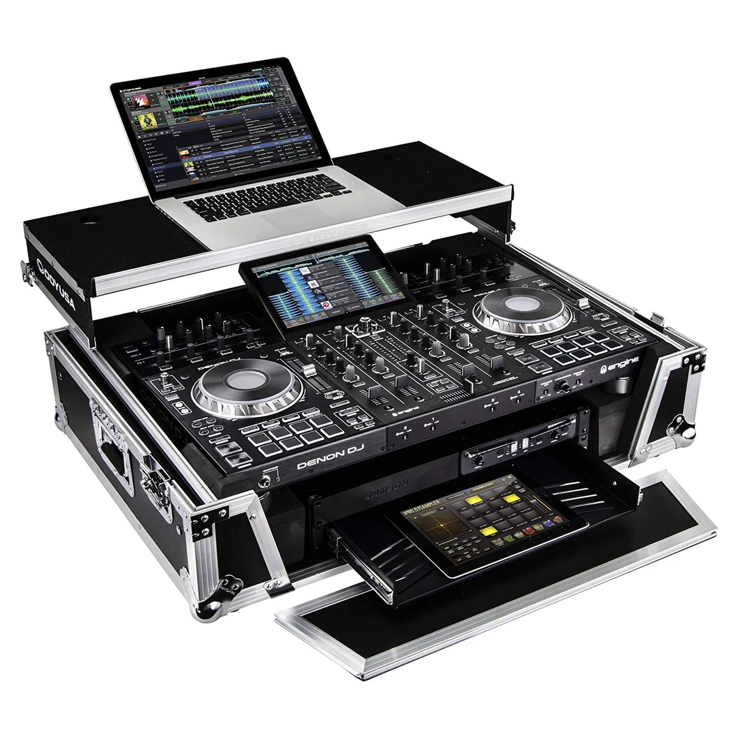 ODYSSEY FZGSPRIME4W2 Denon Prime 4 Flight Zone Case with Laptop Platform & Racks