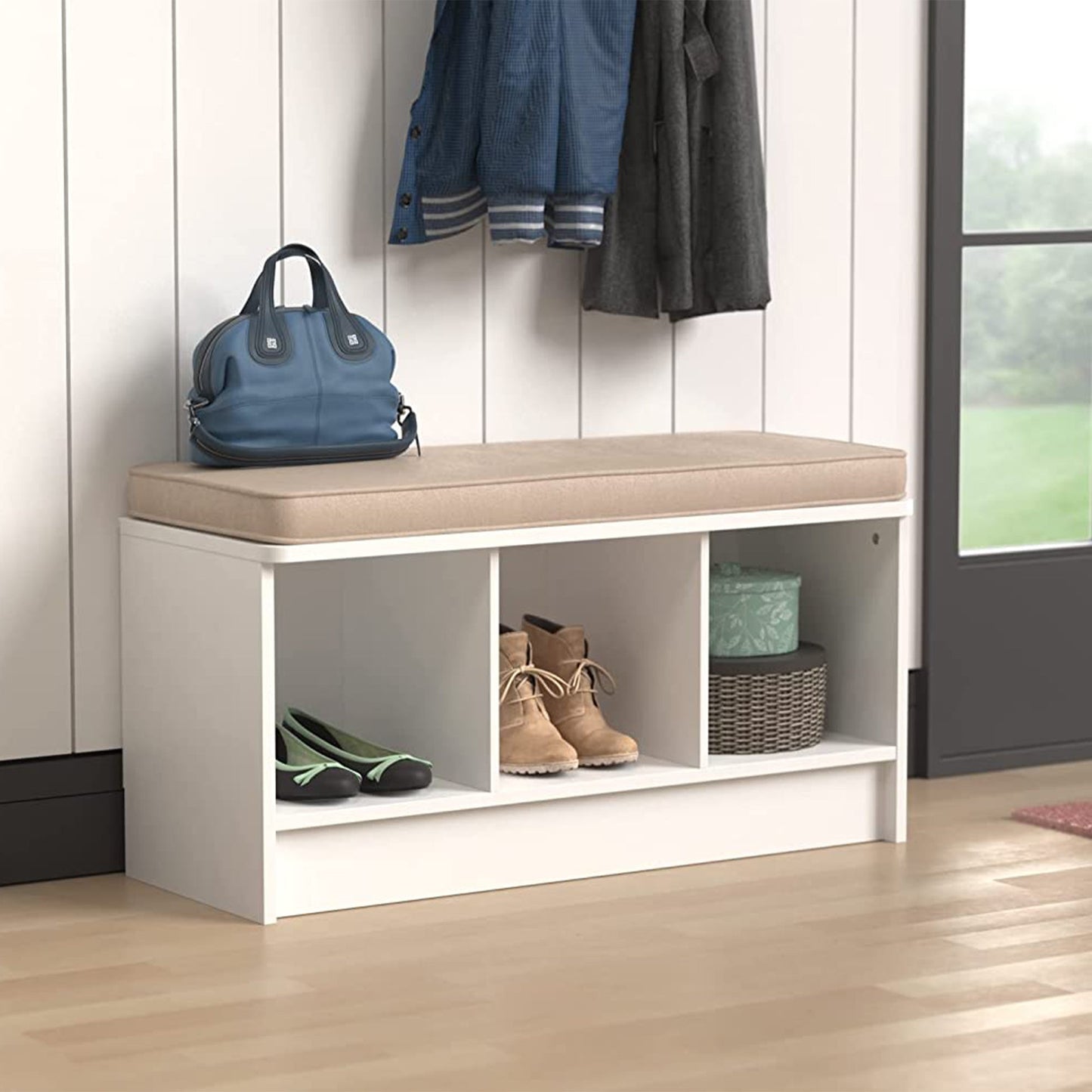 ClosetMaid 3 Cube Cubby Storage Organizer Bench with Seat Cushion, White/Tan