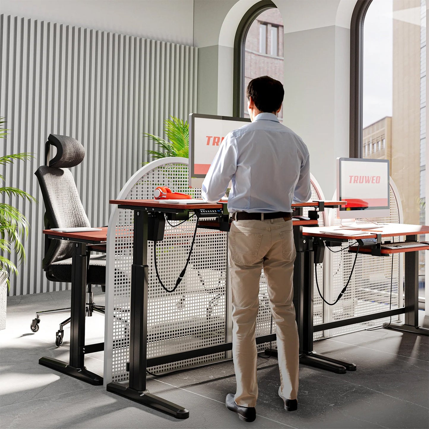 Truweo Adjustable Electric Standing Desk Tabletop w/Sliding Keyboard Tray, Brown