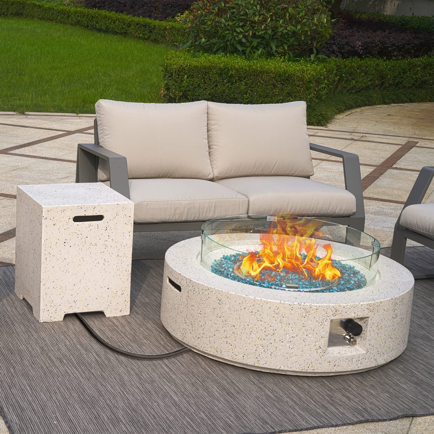 ESSENTIAL LOUNGER Fire Pit Propane Tank Cover Hideaway Table with Handles, White
