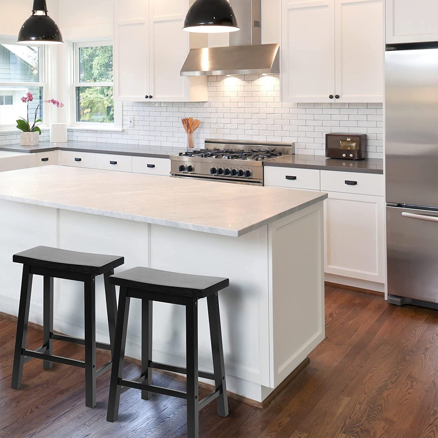 PJ Wood Classic Saddle Seat 24" Tall Kitchen Counter Stools, Black (Set of 8)