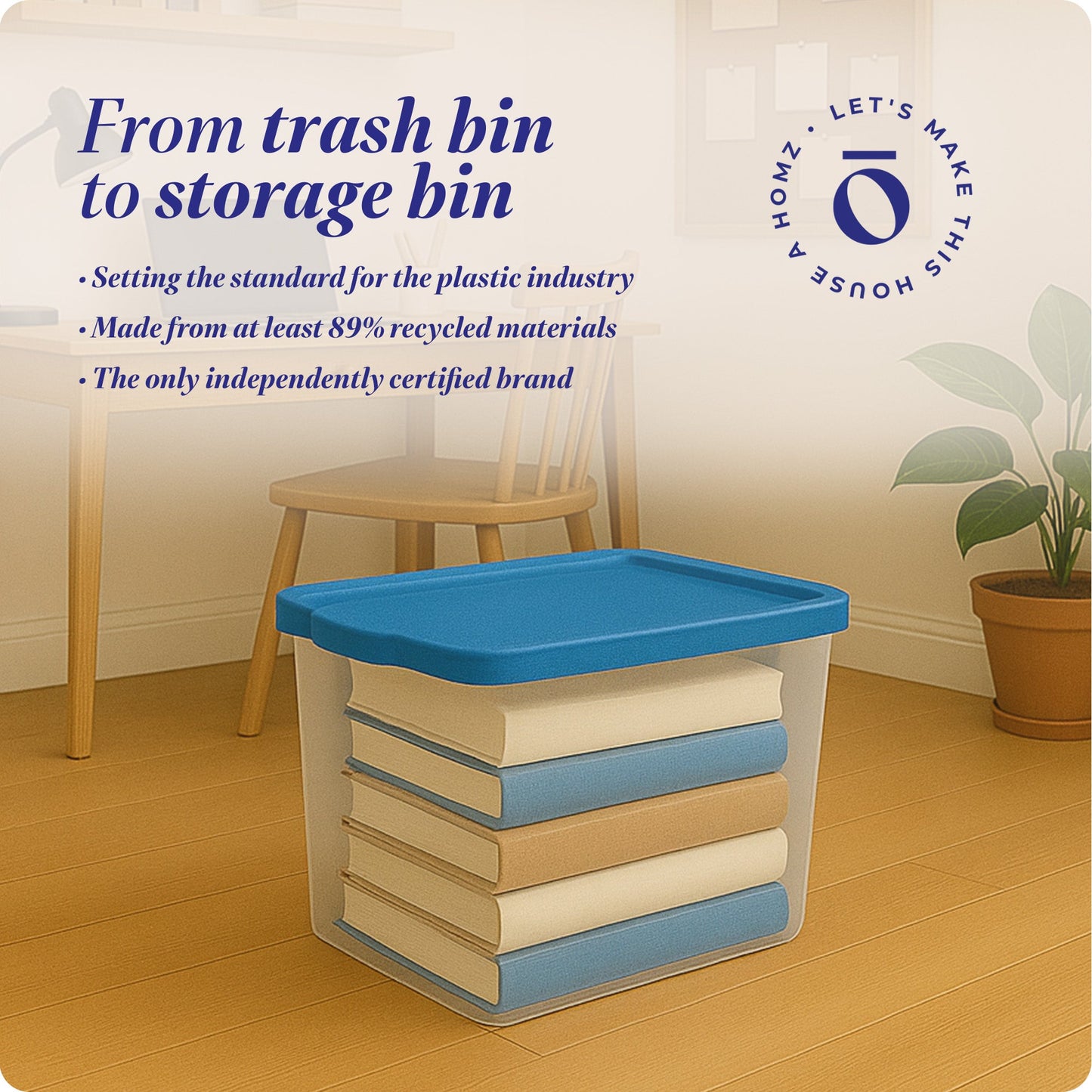 Homz 56 Qt Stackable Plastic Storage Container with Snaplock Lid, Blue (2 Pack)