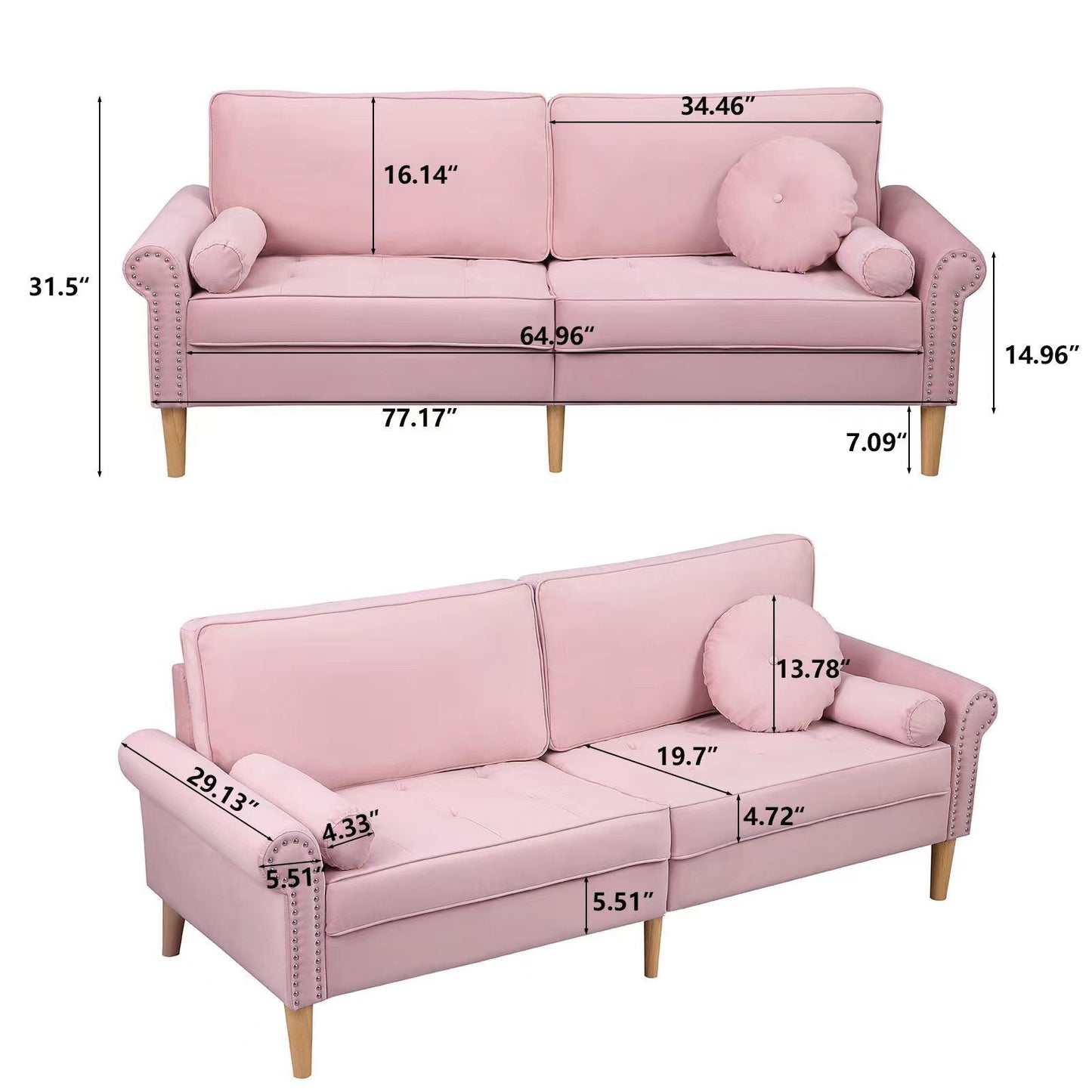 Living Room Sofa,3-Seater Sofa, with Copper Nail on Arms, Three Pillow,Pink