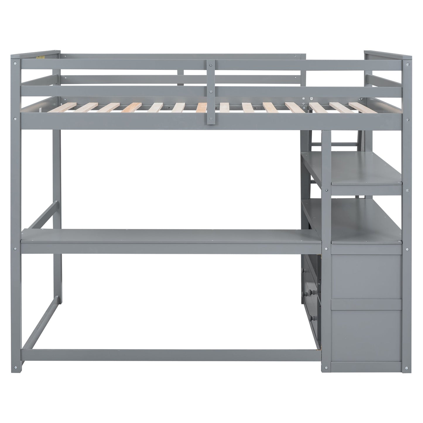 Full Size Loft Bed with Desk and Shelves,Two Built-in Drawers,Gray