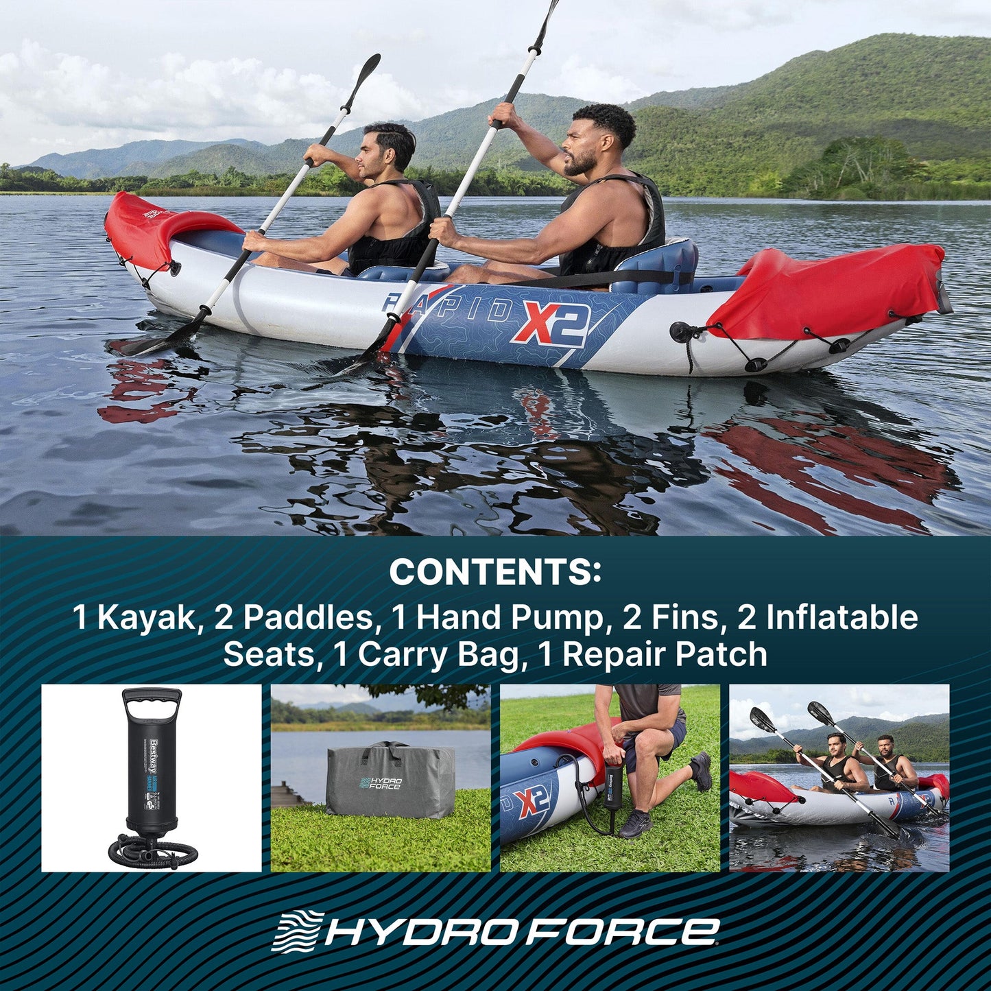 Bestway Hydro-Force Rapid X2 Inflatable 2 Person Kayak Outdoor Water Sport Set
