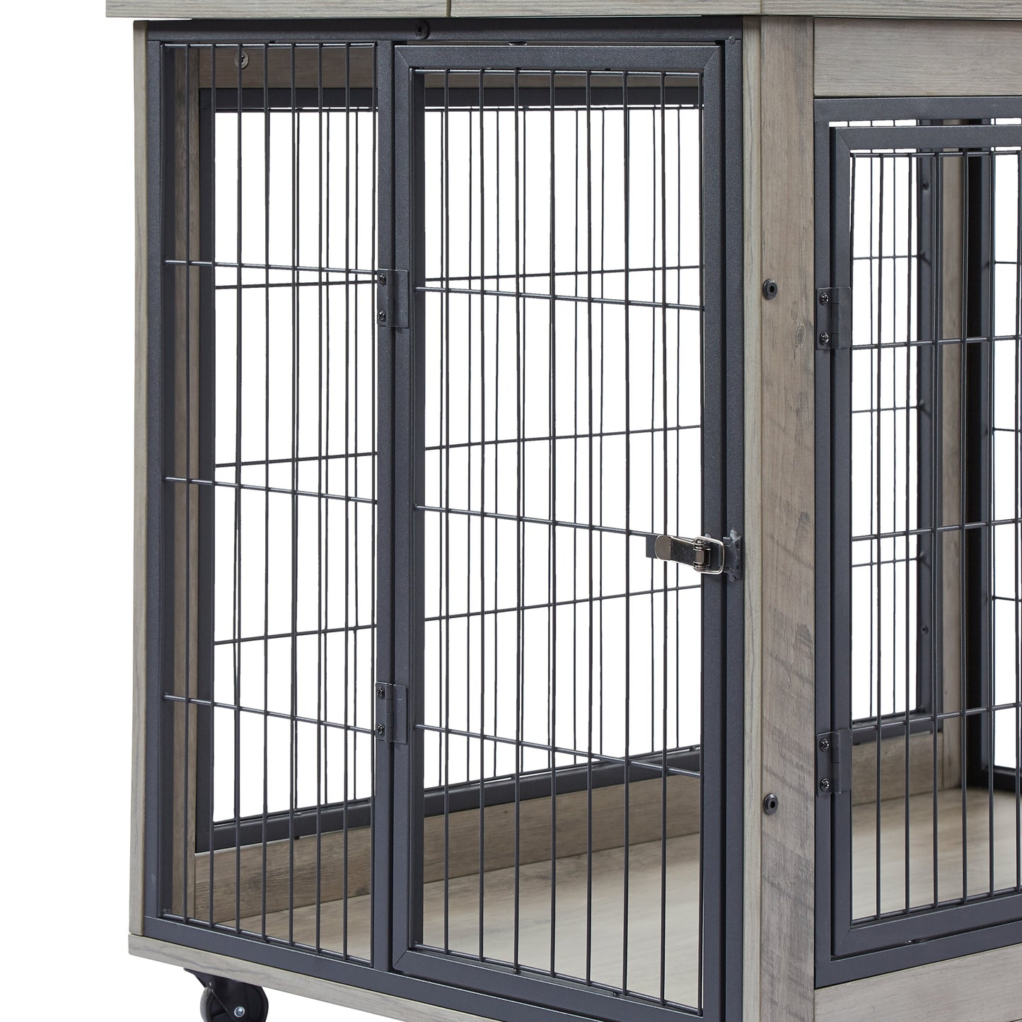 Furniture Style Dog Crate Side Table on Wheels with Double Doors and Lift Top.Grey,38.58"w x 25.5"d x 27.36"h.