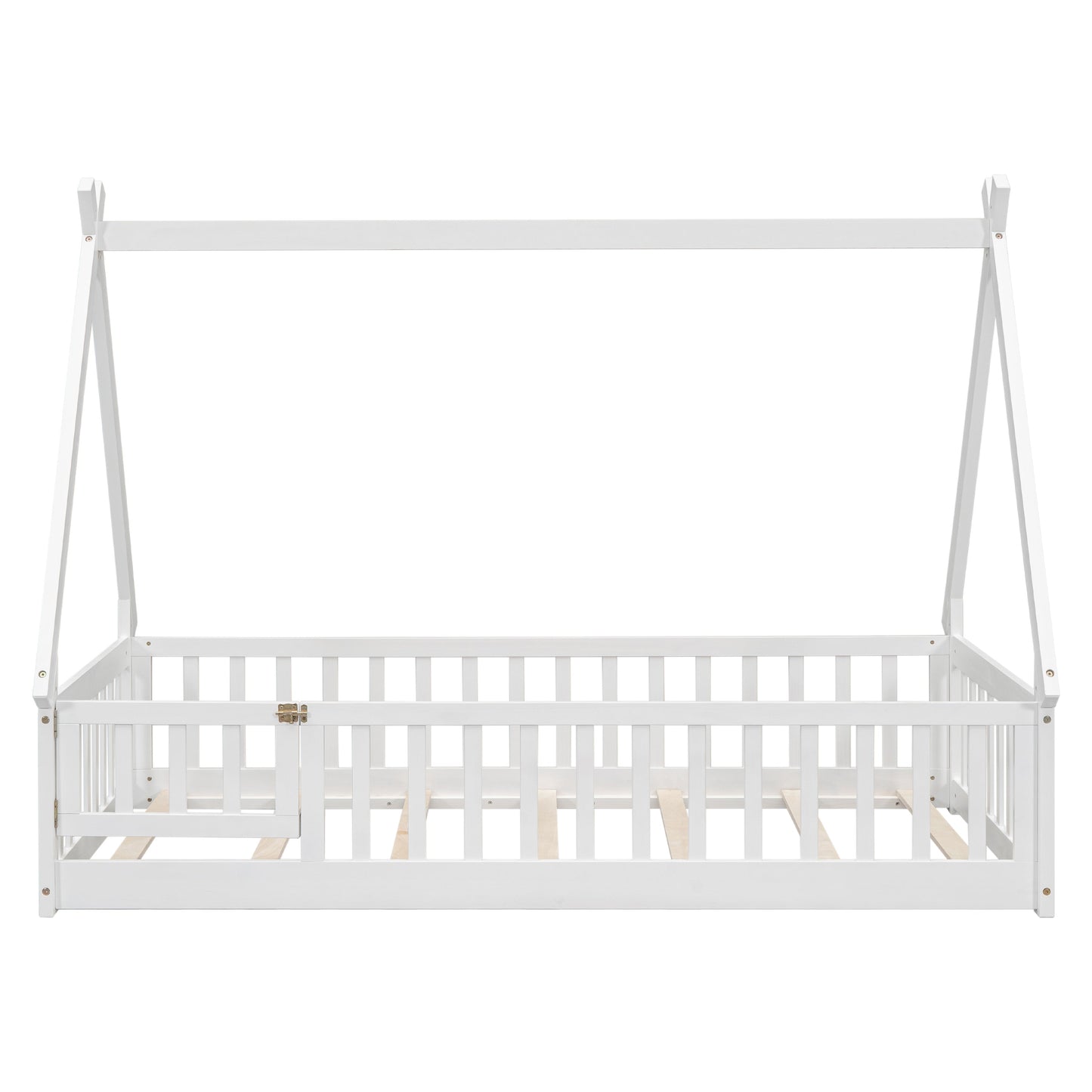 Twin Tent-shaped Floor Bed, with Guardrails, Slats, Door, White