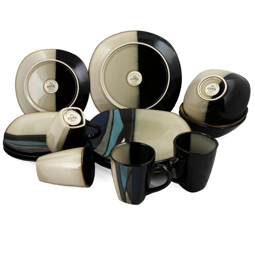 Gibson Elite 16 Piece Glazed Dinnerware Plates, Bowls, and Mugs, Teal (2 Pack)