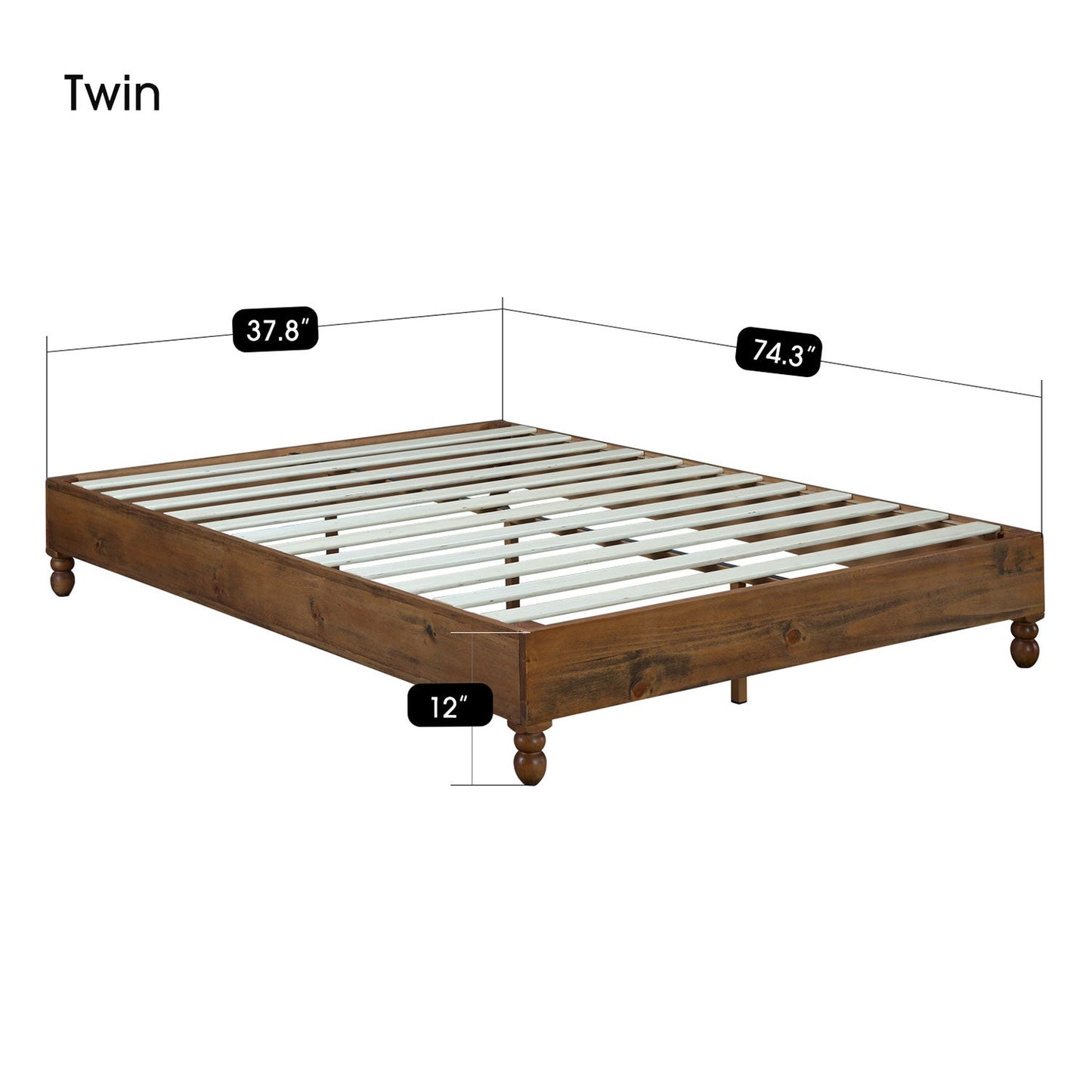 MUSEHOMEINC 12 Inch Solid Pine Wood Platform Bed Frame with Wooden Slats, Twin