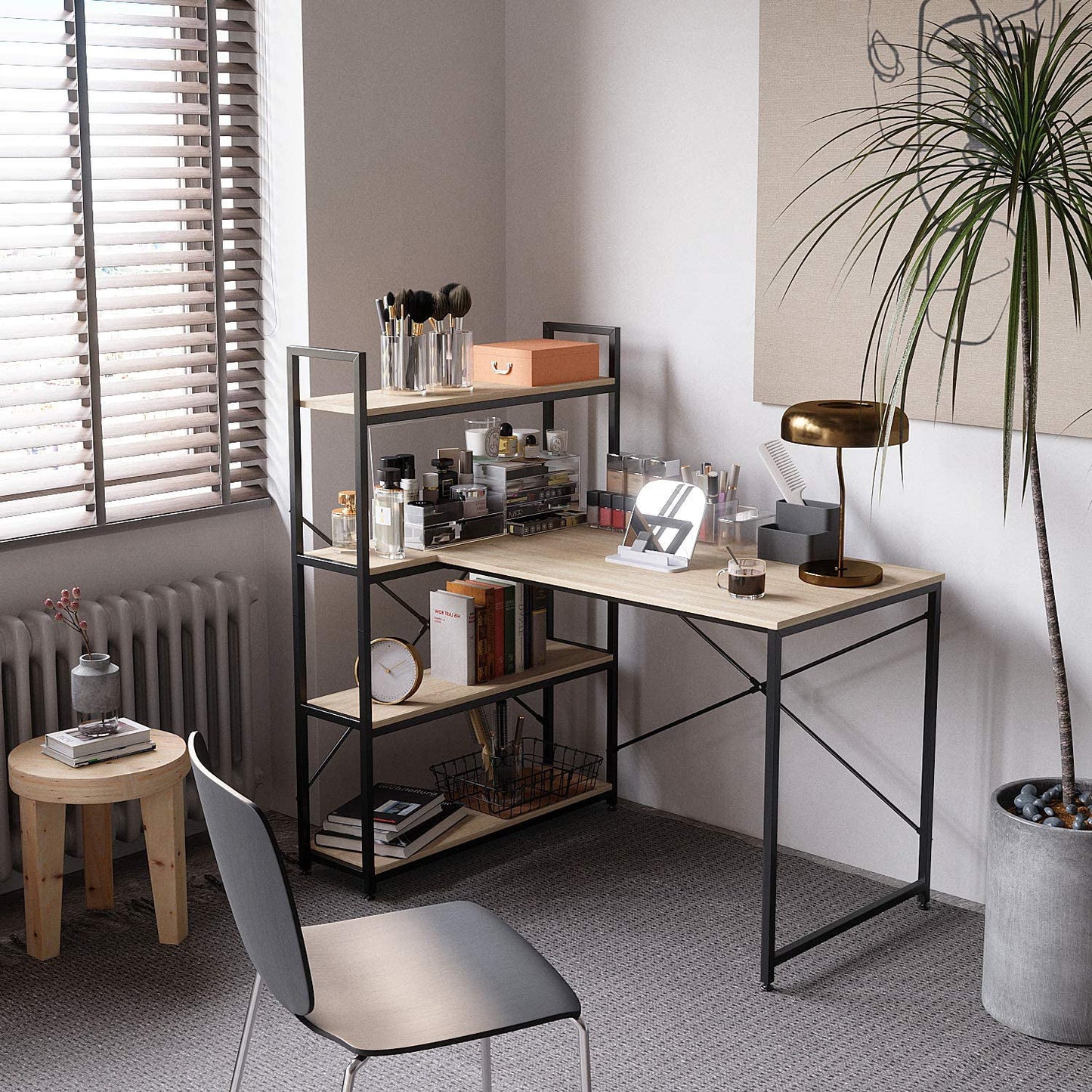 Nost & Host L Shaped Contemporary Home Office Computer Desk with Shelves, Oak