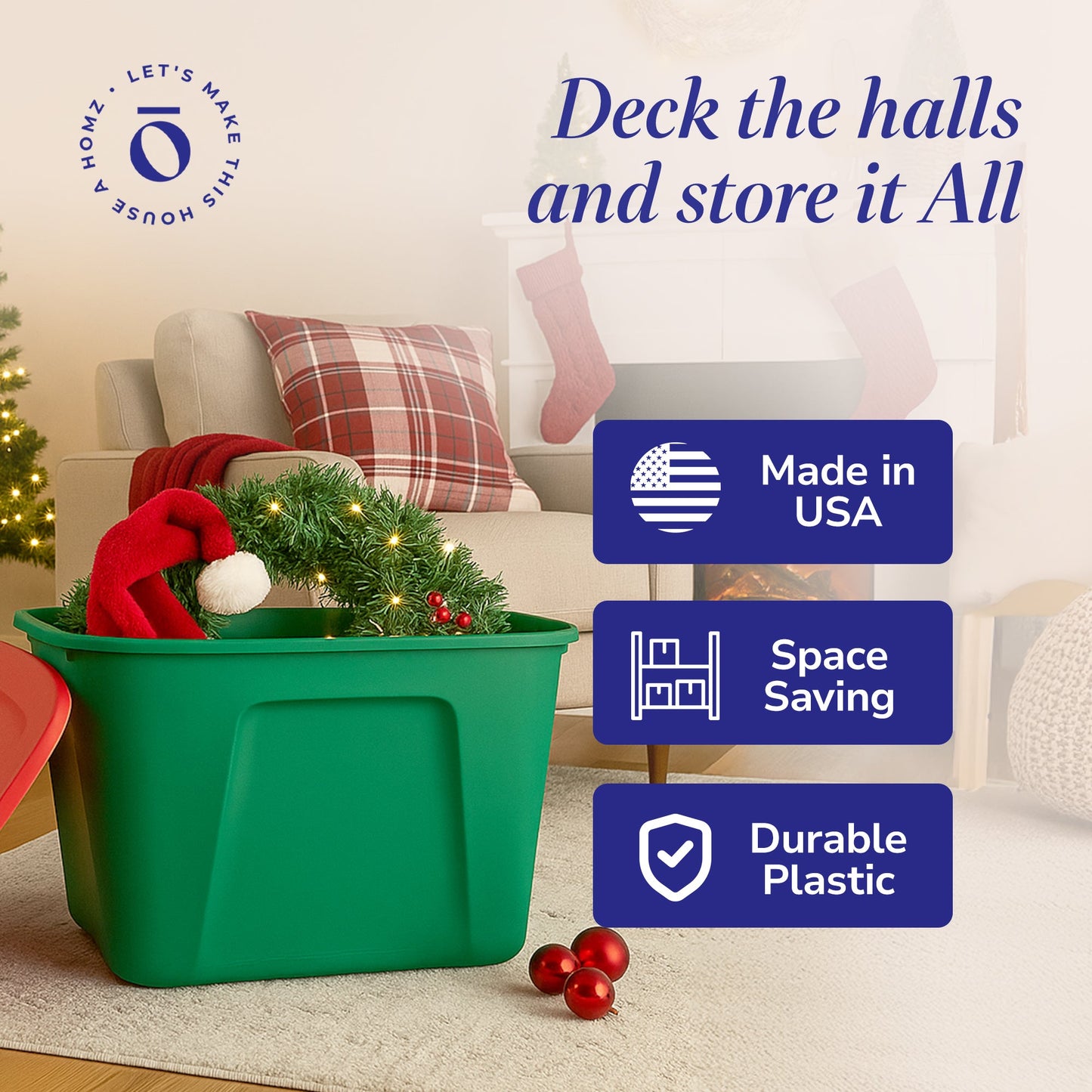 HOMZ 18 Gallon Heavy Duty Plastic Holiday Storage Totes, Green/Red (4 Pack)