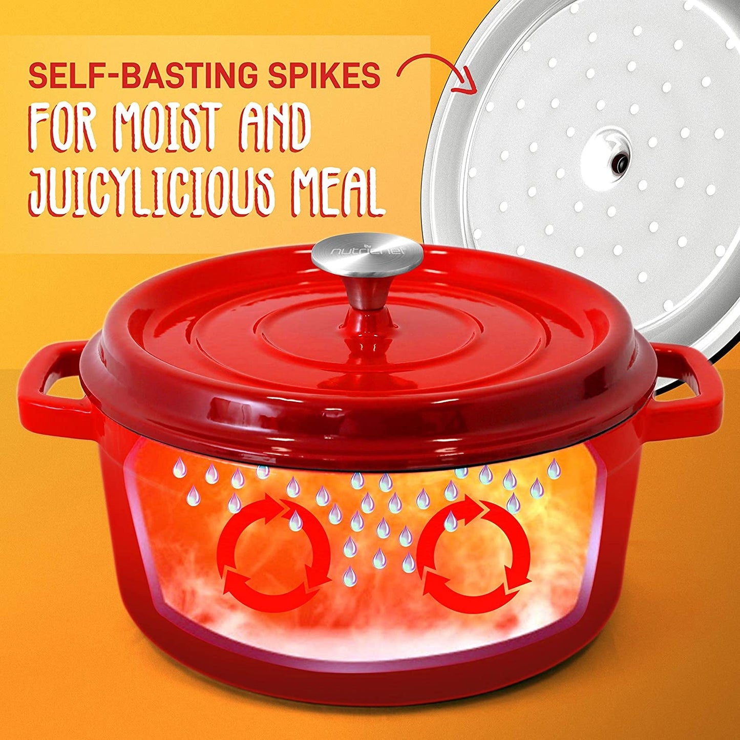 NutriChef 5 Quart Enameled Round Cast Iron Dutch Oven with Self Basting Lid, Red