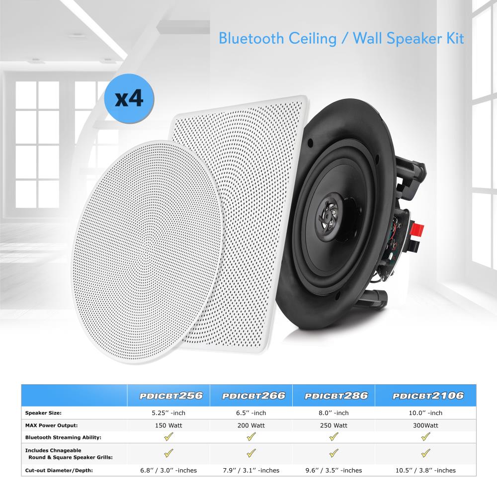 Pyle Audio 6.5 In 2 Way 200W Flush Mount Bluetooth Ceiling Wall Speakers, 4 Pack