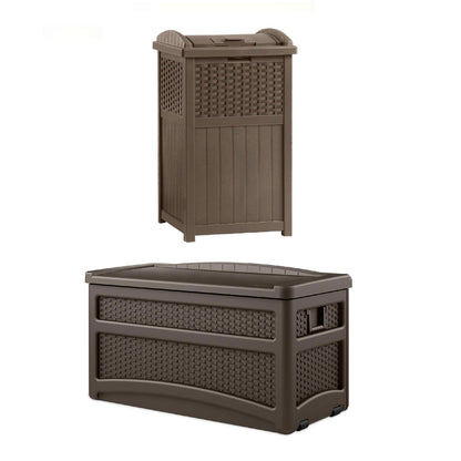 Suncast 73 Gallon Deck Box & Wicker Trash Hideaway Outdoor Garbage Bin, Java