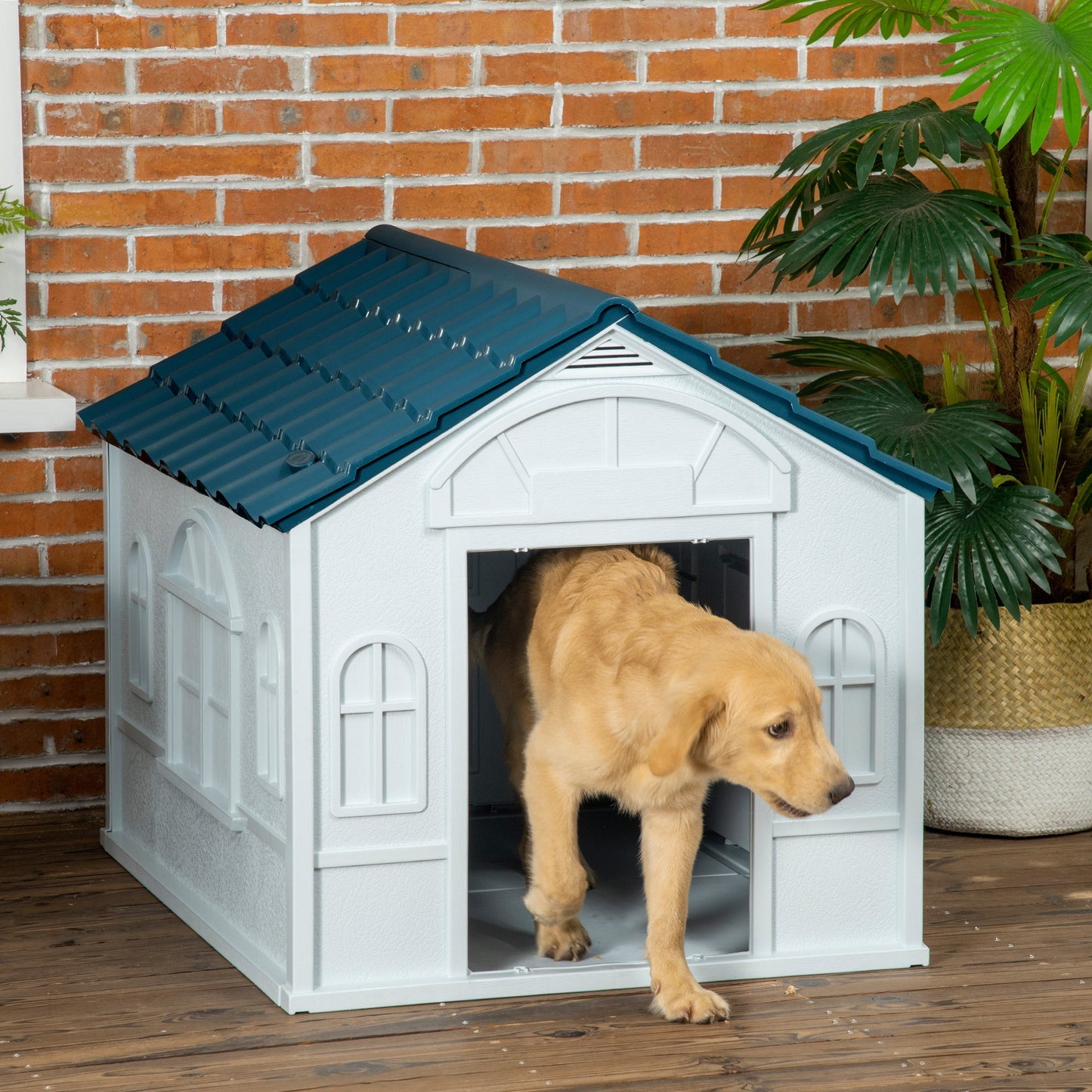 Plastic Dog House, Water Resistant Puppy Shelter Indoor Outdoor with Door, for Large Dogs, Blue