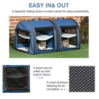 39" Portable Soft-Sided Pet Cat Carrier with Divider, Two Compartments, Soft Cushions, & Storage Bag, Blue