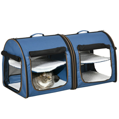 39" Portable Soft-Sided Pet Cat Carrier with Divider, Two Compartments, Soft Cushions, & Storage Bag, Blue