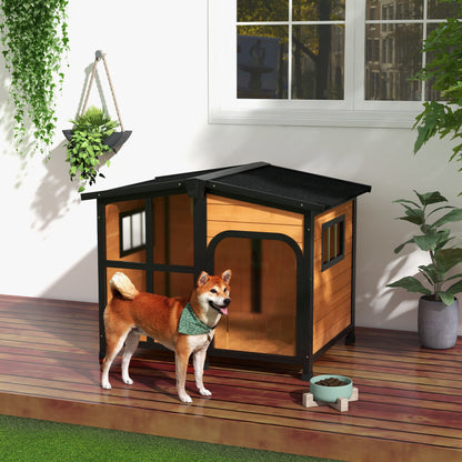 Outside Cabin-Style Wooden Dog House for Large Dogs with Openable Roof & Giant Window, Outdoor & Indoor Big Dog House, Asphalt Roof, Yellow