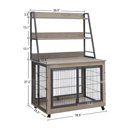 Furniture style dog crate side table with shelves, equipped with double doors and a raised roof. Grey, 38.58 "w x 25.5 "d x 57 "h