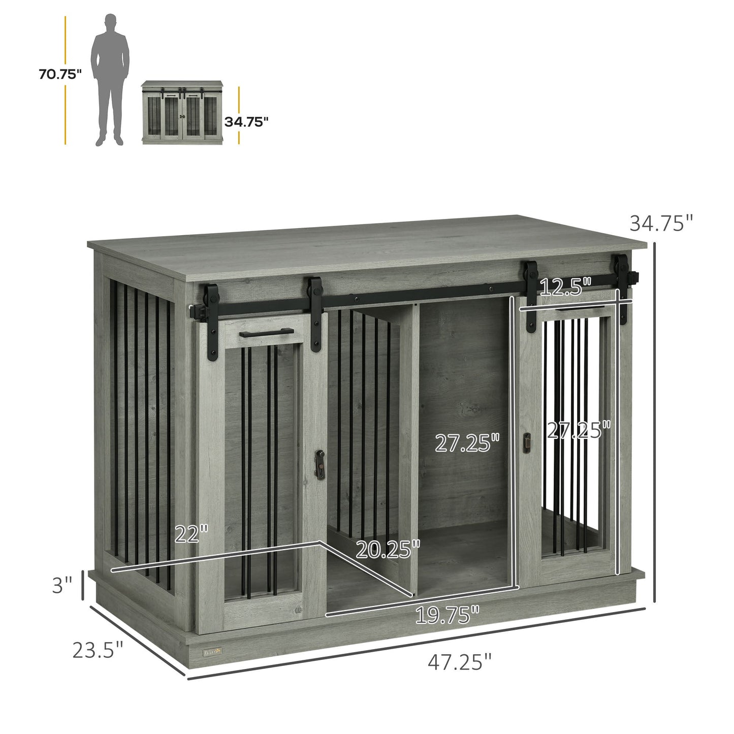 Dog Crate Furniture with Divider, Dog Crate End Table for Small to Large Dogs, Large Indoor Dog Kennel with Double Doors, 47"W x 23.5"D x 35"H, Gray