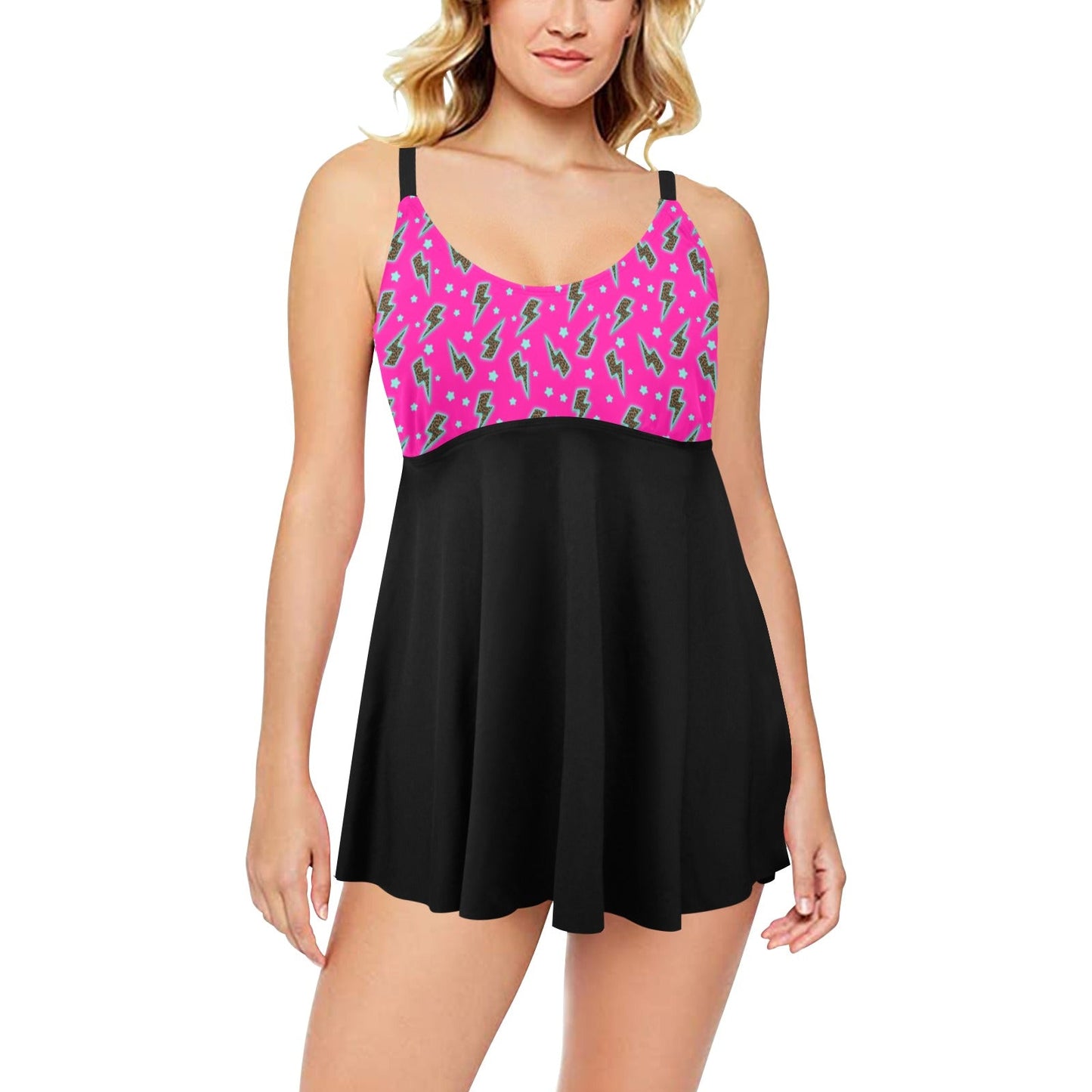 Pink Lightning Bolt Swim Dress & Shorts Set