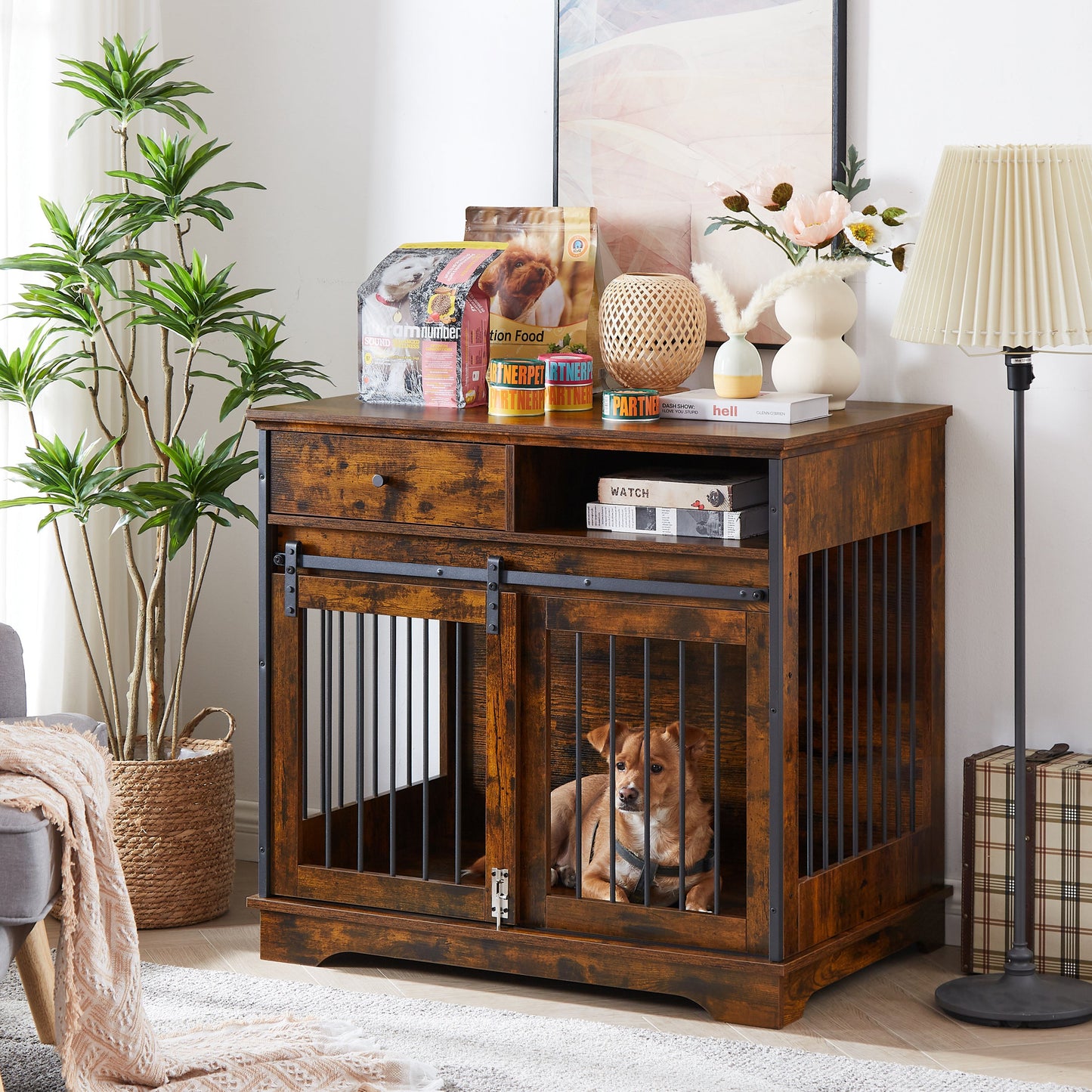 Sliding door dog crate with drawers. Rustic Brown, 35.43" W x 23.62" D x 33.46" H