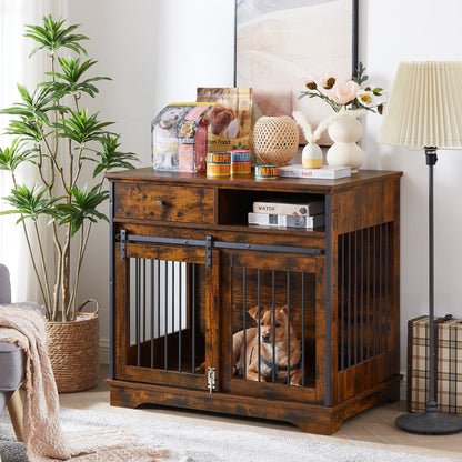 Sliding door dog crate with drawers. Rustic Brown, 35.43" W x 23.62" D x 33.46" H