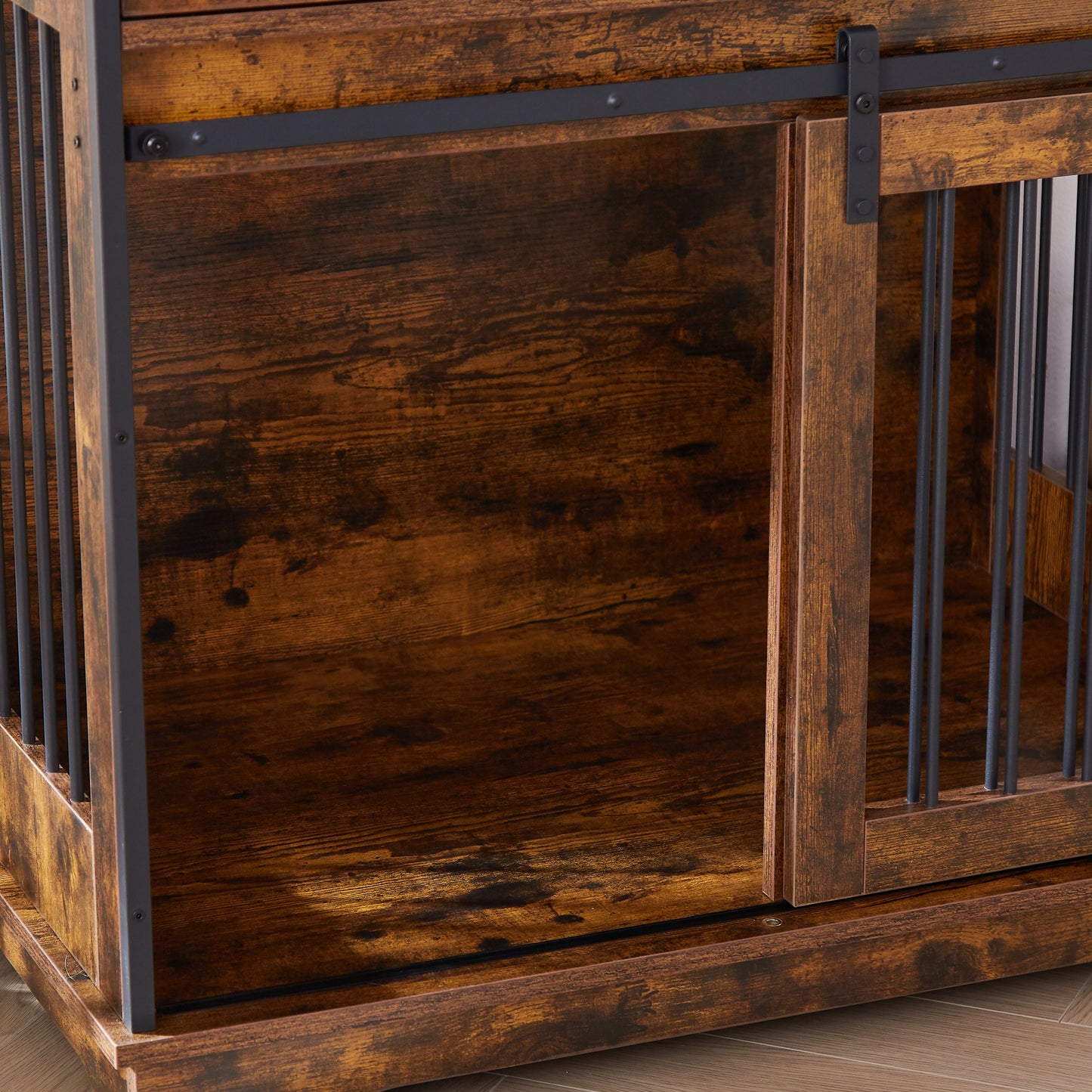 Sliding door dog crate with drawers. Rustic Brown, 35.43" W x 23.62" D x 33.46" H