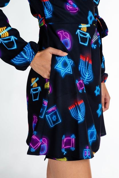 The Latke'd & Loaded | Neon Hanukkah Wrap Dress