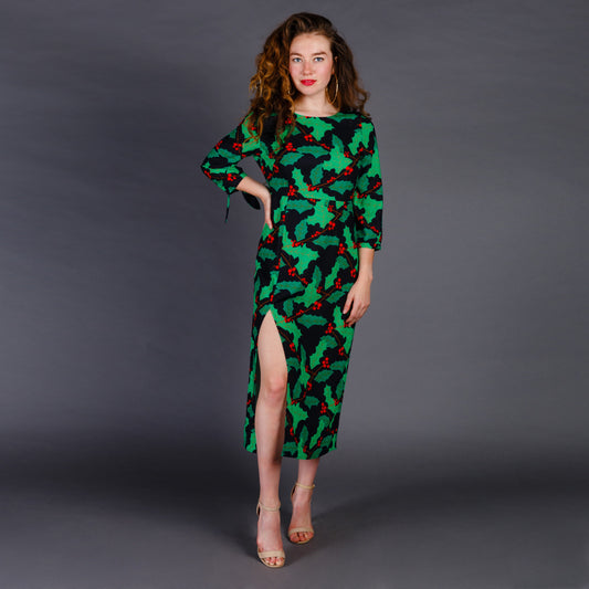 The Deck Yourselves | Holly Pattern Midi Formal Christmas Dress