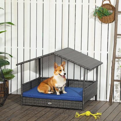 Wicker Dog House Outdoor with Canopy, Rattan Dog Bed with Water-resistant Cushion, for Small and Medium Dogs, Dark Blue