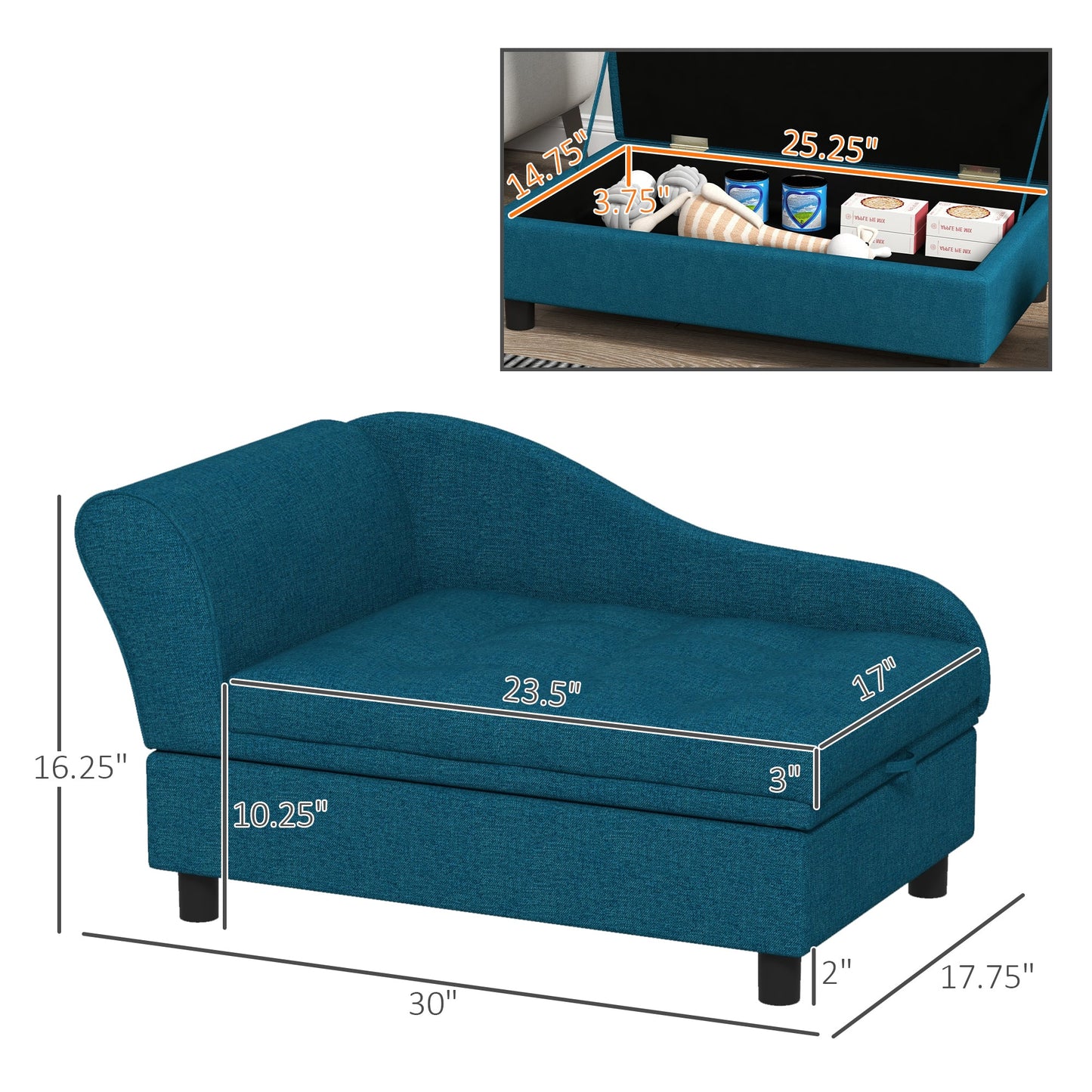 Pet Sofa, Dog Couch, Elevated Pet Bed for Small and Medium Dogs, with Hidden Storage, Soft Tufted Cushion, Dark Blue