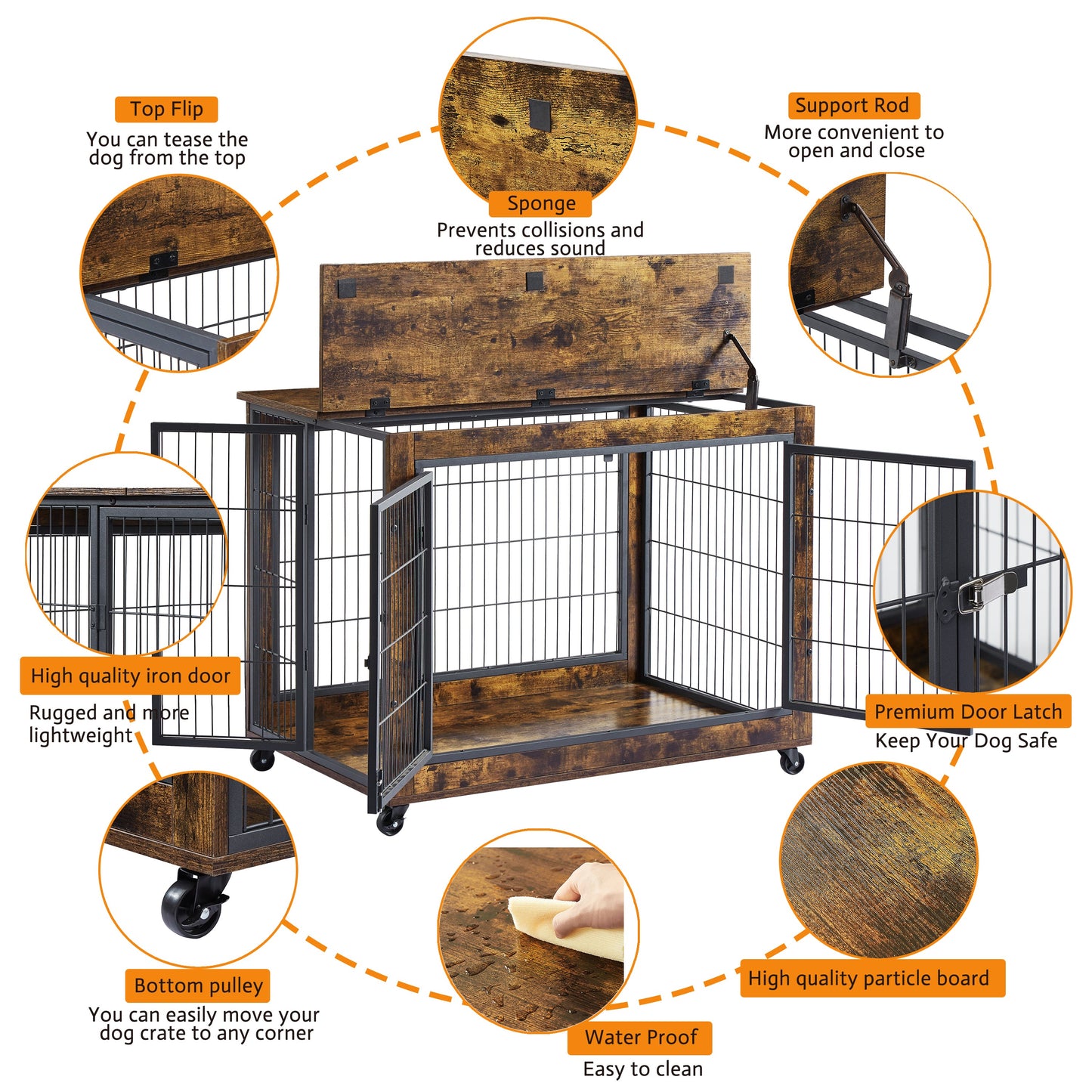 Furniture Dog Cage Crate with Double Doors, Rustic Brown, 38.58" W x 25.2" D x 27.17" H