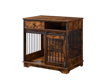 Sliding door dog crate with drawers. Rustic Brown, 35.43" W x 23.62" D x 33.46" H