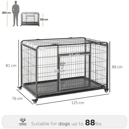 Folding Design Heavy Duty Metal Dog Cage Crate & Kennel with Removable Tray and Cover, & 4 Locking Wheels, Indoor/Outdoor 49"