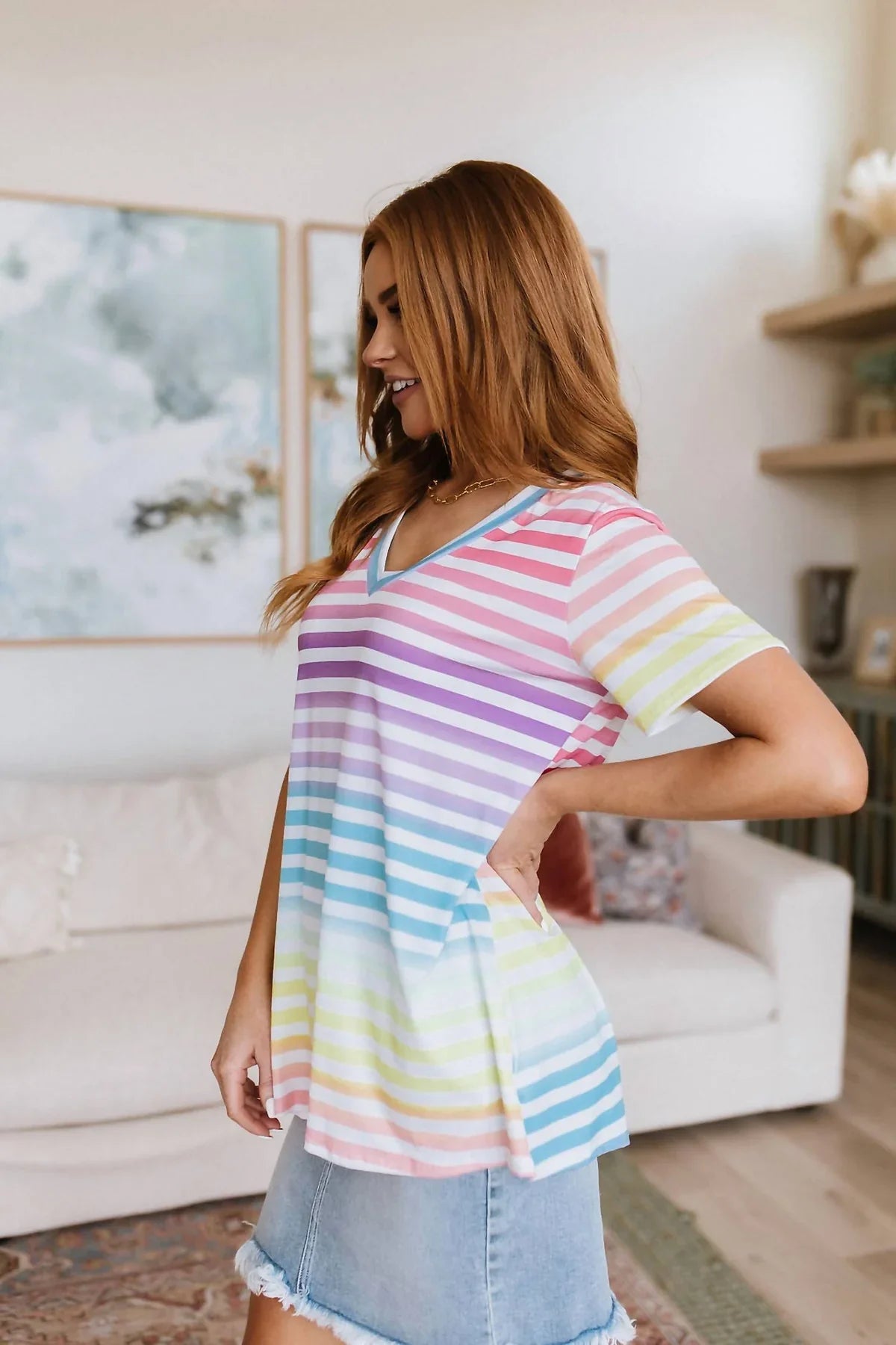 Looking For Rainbows V-Neck Striped Top In Ombre Rainbow Stripe (S)