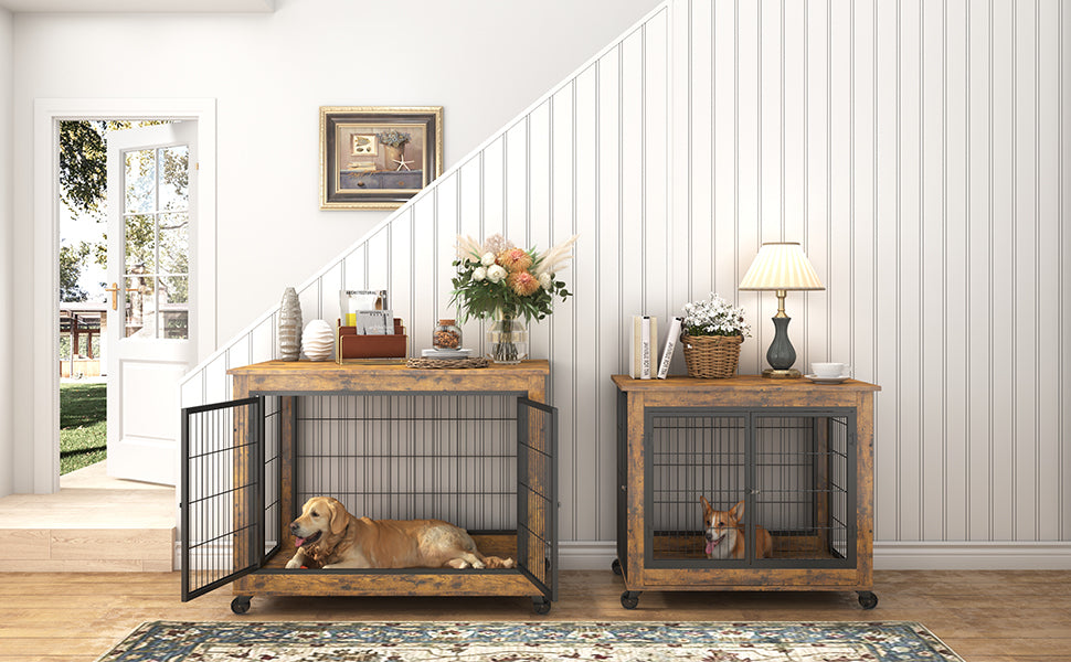 Furniture Dog Cage Crate with Double Doors, Rustic Brown, 38.58" W x 25.2" D x 27.17" H