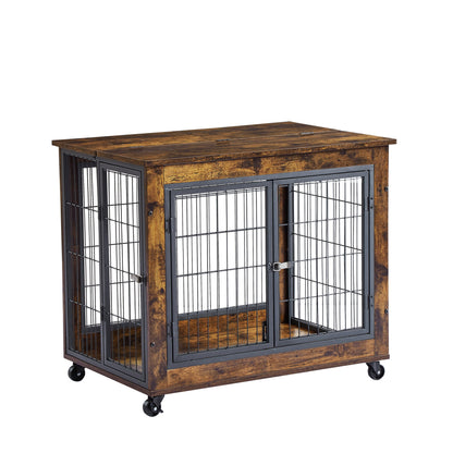 Furniture Style Dog Crate Side Table on Wheels with Double Doors and Lift Top. Grey, 31.50" W x 22.05" D x 25" H.