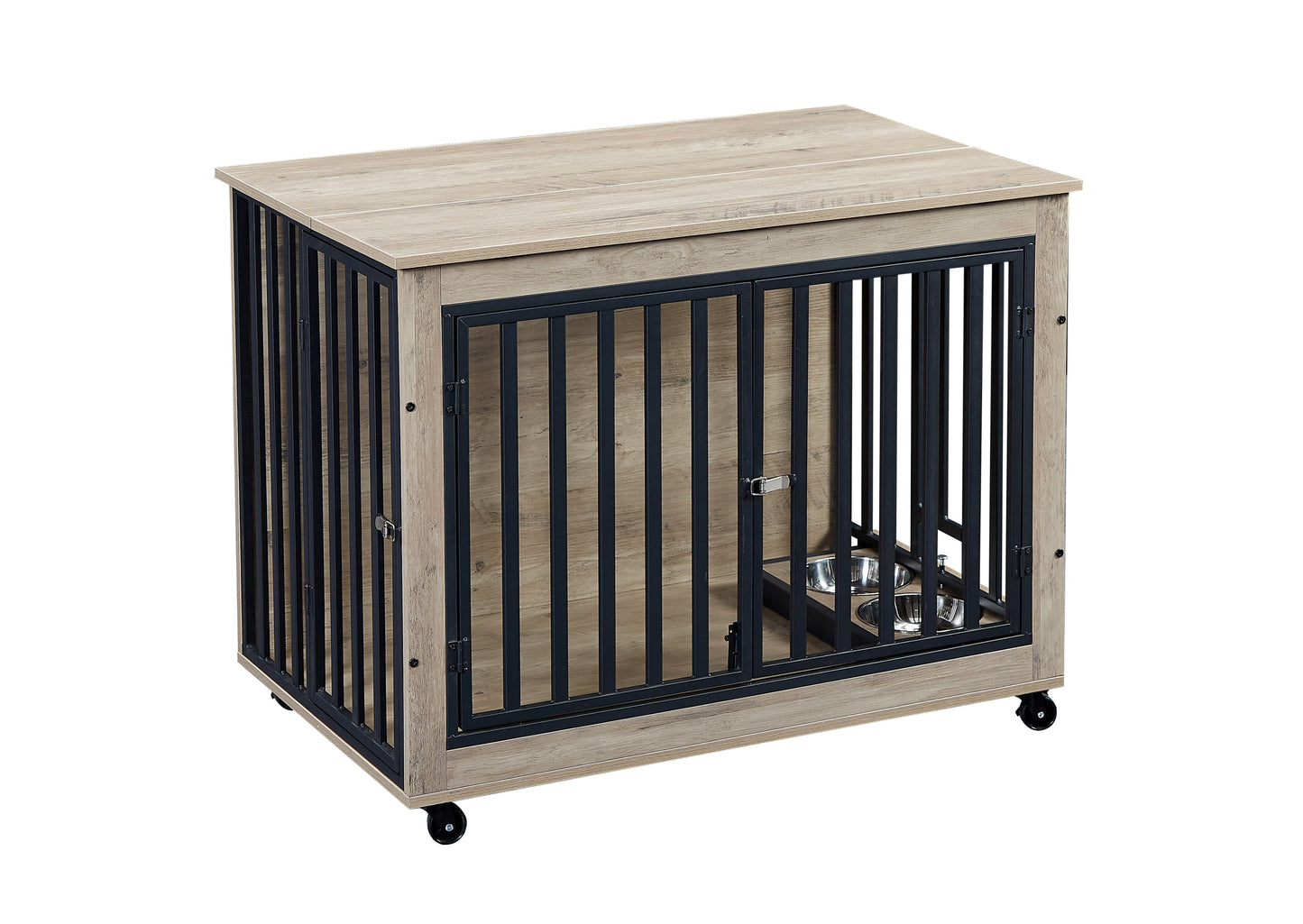 Furniture Style Dog Crate Side Table With Feeding Bowl, Wheels, Three Doors, Flip-Up Top Opening. Indoor, Grey, 38.58"W x 25.2"D x 27.17"H