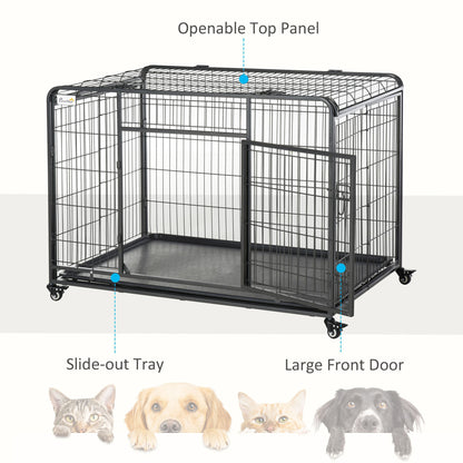 Folding Design Heavy Duty Metal Dog Cage Crate & Kennel with Removable Tray and Cover, & 4 Locking Wheels, Indoor/Outdoor 49"