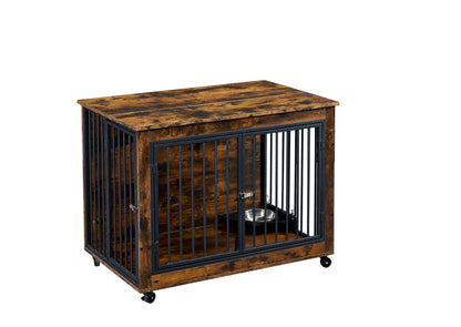 Furniture Style Dog Crate Side Table With Rotatable Feeding Bowl, Wheels, Three Doors, Flip-Up Top Opening. Indoor, Rustic Brown, 38.58"W x 25.2"D x 27.17"H