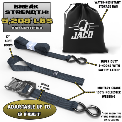 Heavy Duty Ratchet Tie Down Straps with Soft Loops (1.6" x 8 ft) | AAR Certified Break Strength (5,208 lbs)