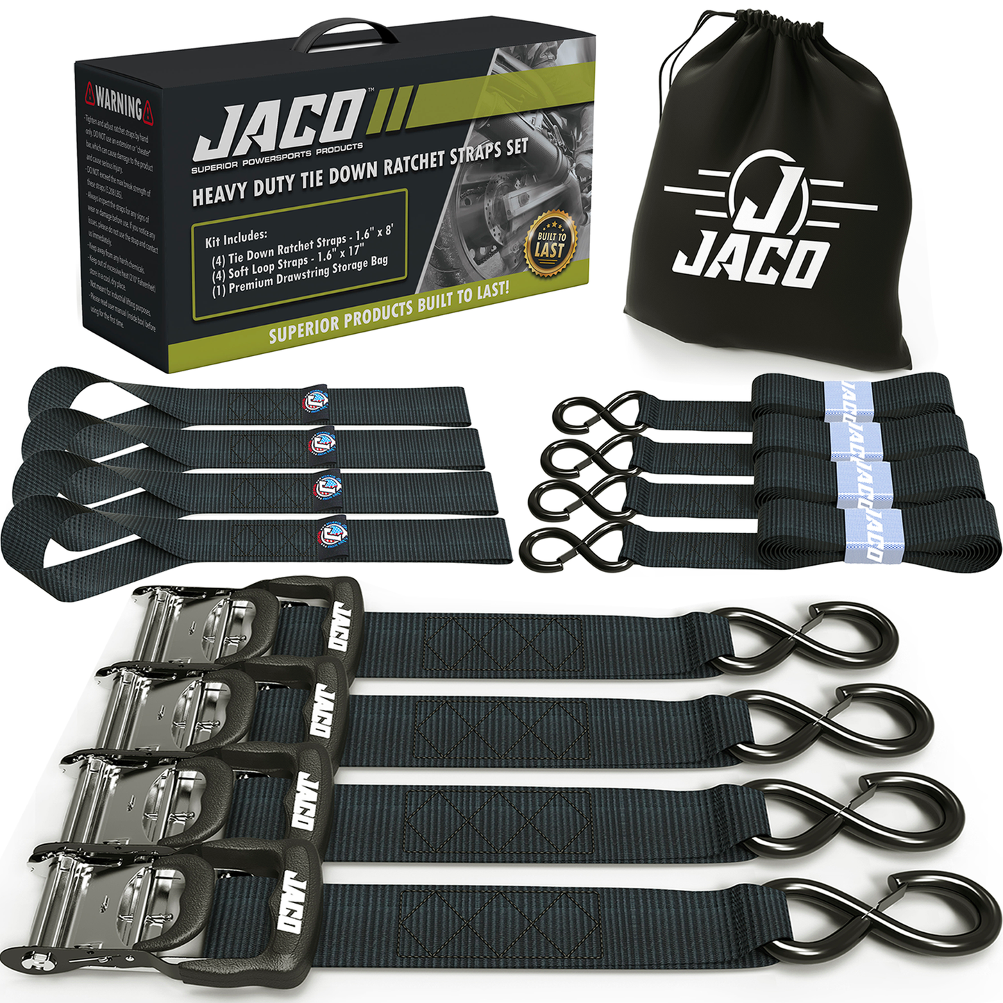 Heavy Duty Ratchet Tie Down Straps with Soft Loops (1.6" x 8 ft) | AAR Certified Break Strength (5,208 lbs)